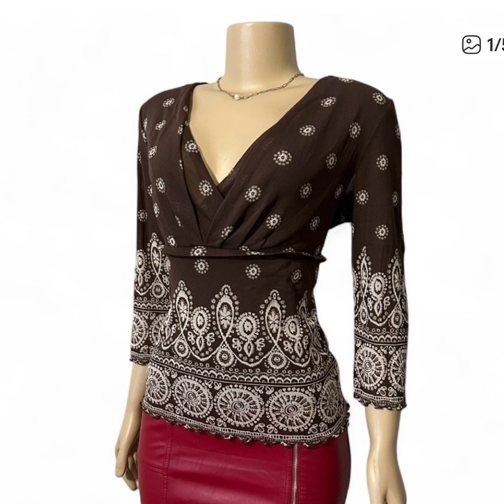 Liz Claiborne Brown Paisley Wrap Top Boho Style Blouse XL